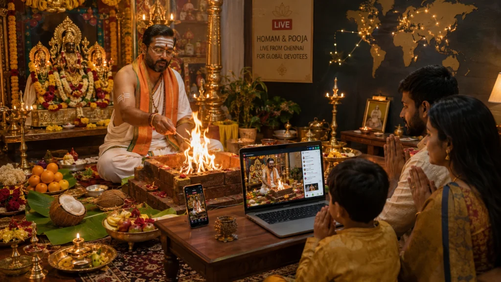 A sacred pooja ceremony with a priest, a family in prayer and devices showing the live ceremony